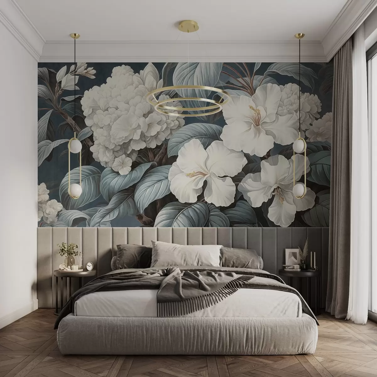 Fotobehang Witte tropische bloemen met delicate bloemblaadjes en bladeren op een donkerblauwe achtergrond, vintage textuurstijl, botanische illustratie w09334