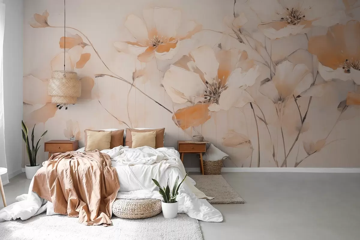 Fotobehang Witte en oranje getextureerde bloemen met lange stelen, lichte achtergrond, zachte kleuren, elegante compositie, fijne penseelstreken w09335