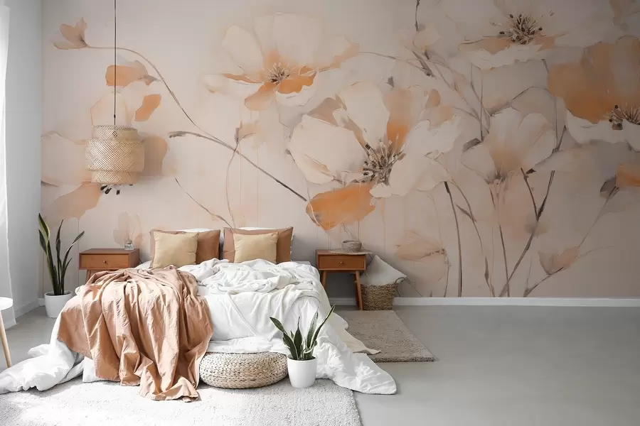 Fotobehang Witte en oranje getextureerde bloemen met lange stelen, lichte achtergrond, zachte kleuren, elegante compositie, fijne penseelstreken w09335