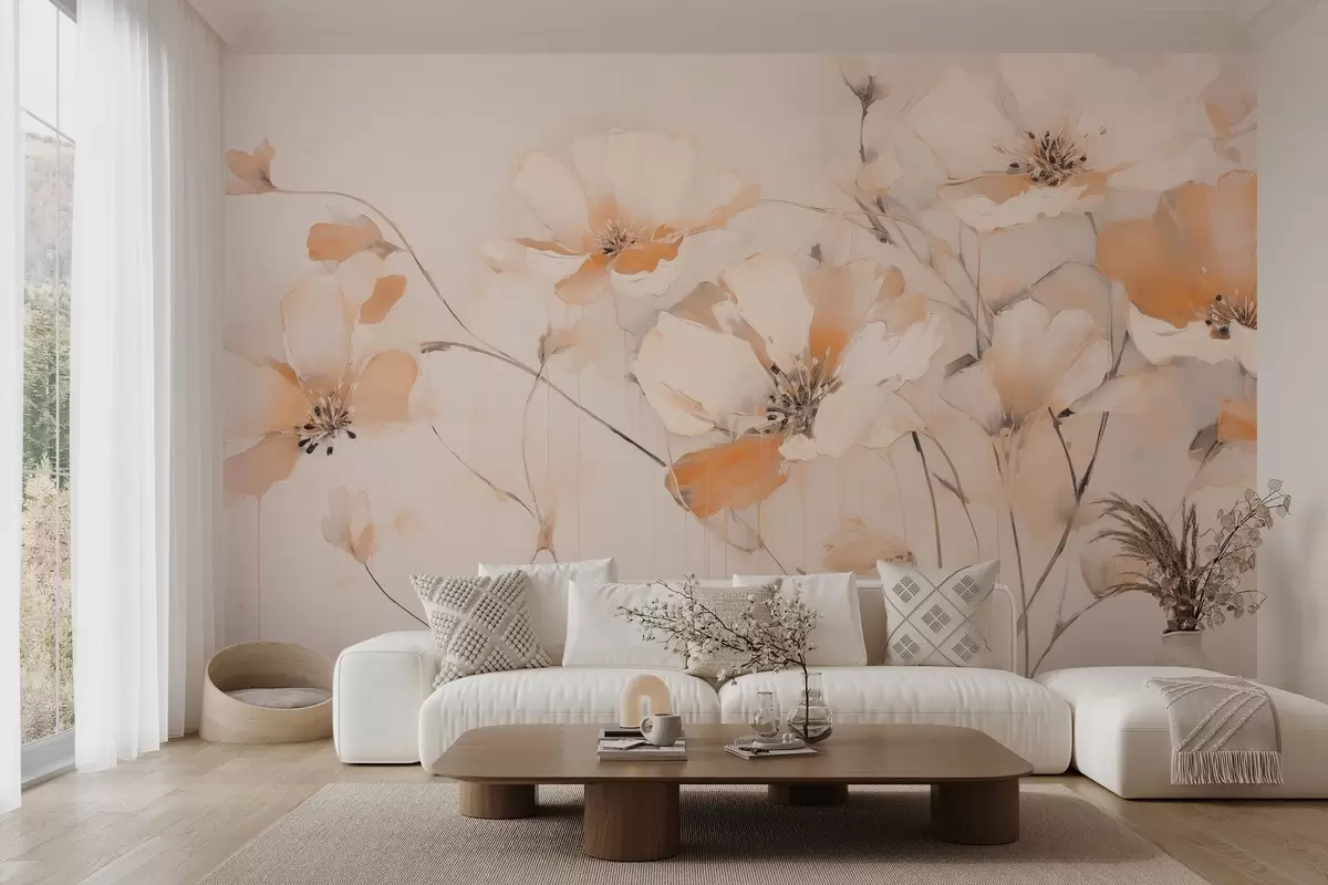 Fotobehang Witte en oranje getextureerde bloemen met lange stelen, lichte achtergrond, zachte kleuren, elegante compositie, fijne penseelstreken w09335