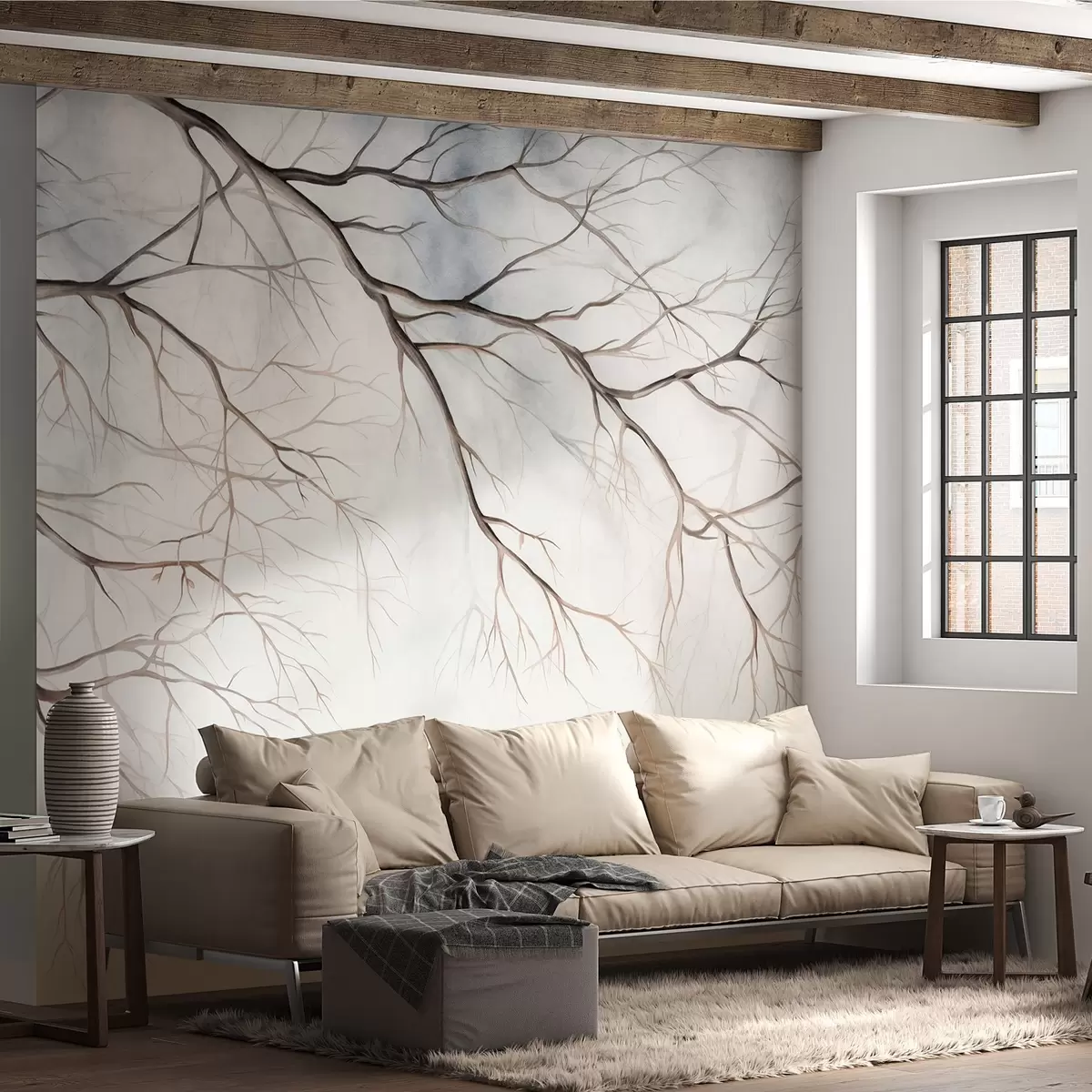 Fotobehang Boomtakken met aquarelstructuur, ingewikkelde details, zacht kleurenpalet, tegen een lichte achtergrond w09337