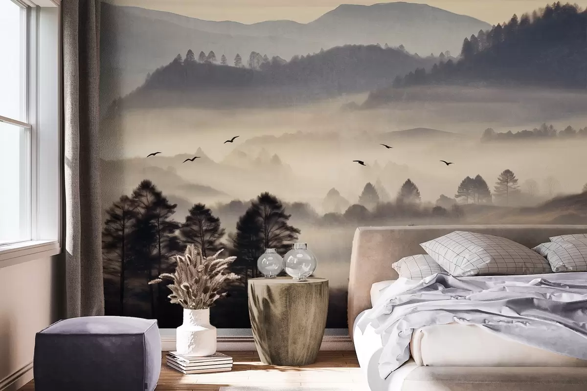 Fotobehang Textuur berglandschap met lagen mist, silhouetten van bomen op de voorgrond, bergketen in de verte, zachte verlichting w09338