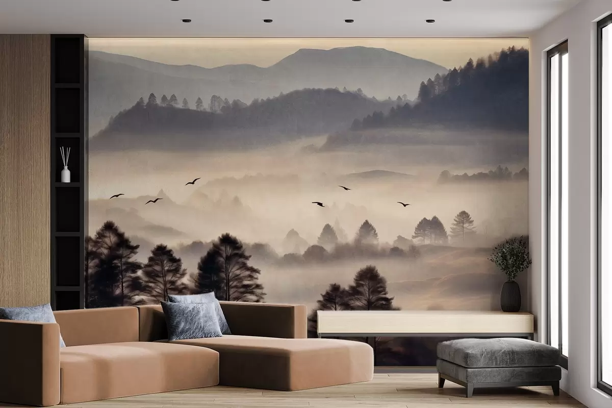 Fotobehang Textuur berglandschap met lagen mist, silhouetten van bomen op de voorgrond, bergketen in de verte, zachte verlichting w09338
