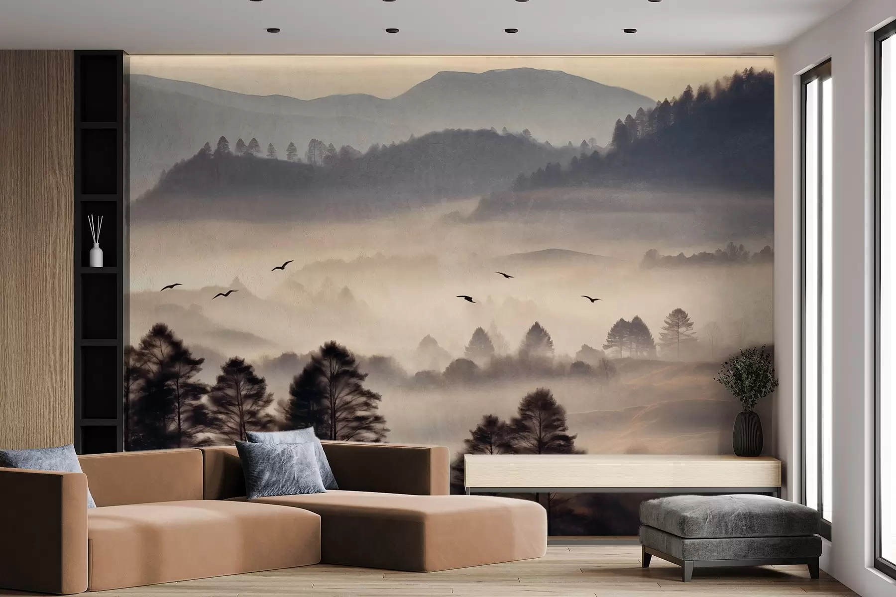 Fotobehang Textuur berglandschap met lagen mist, silhouetten van bomen op de voorgrond, bergketen in de verte, zachte verlichting w09338