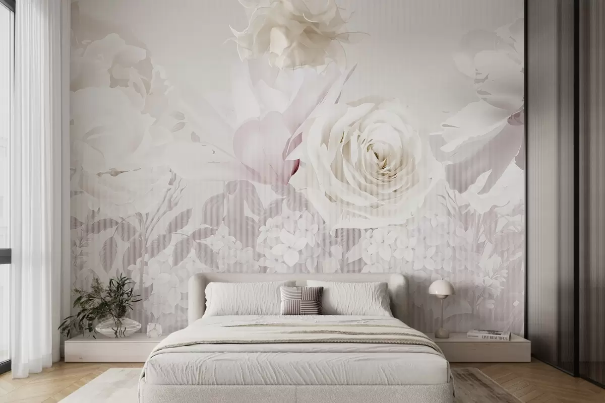 Fotobehang Bloemstuk met rozen, hortensia's en tulpen in zachte pasteltinten van wit, roze en beige, met gestreepte textuur w09340
