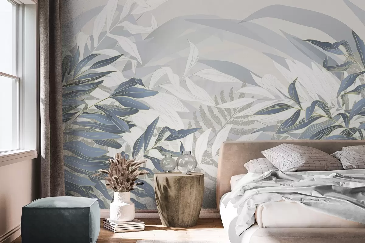 Fotobehang Blauwe en witte bladeren en gras, zachte pastelkleuren, botanische illustratie, minimalistisch ontwerp, decoratief, modern w09341