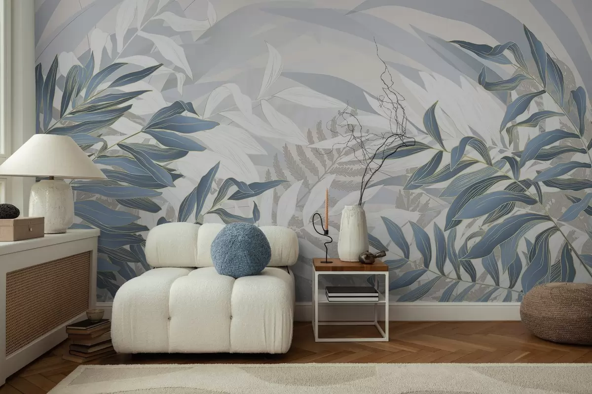 Fotobehang Blauwe en witte bladeren en gras, zachte pastelkleuren, botanische illustratie, minimalistisch ontwerp, decoratief, modern w09341