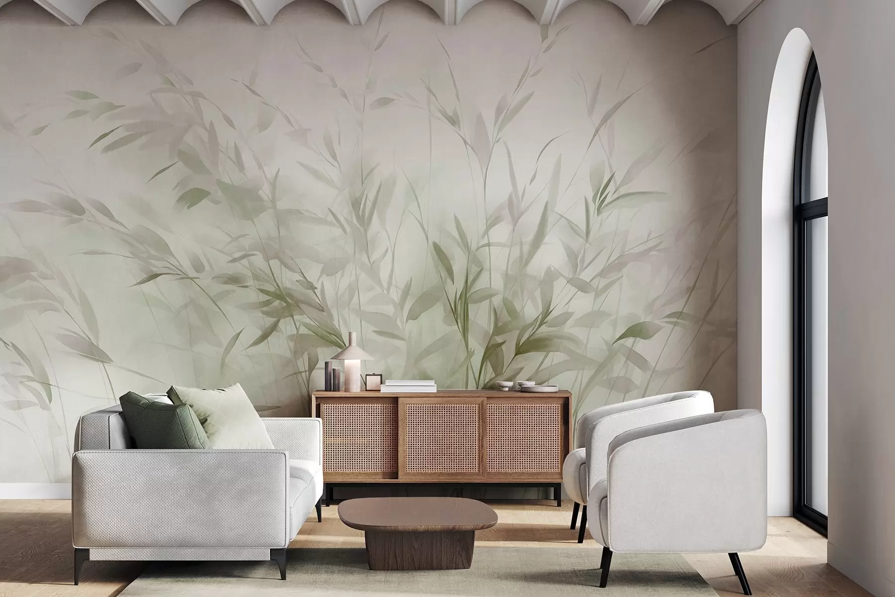 Fotobehang Gras en onkruid met dunne blaadjes en stengels, lichtgroene en bruine kleuren, zachte en fijne penseelstreken, minimalistische print w09342