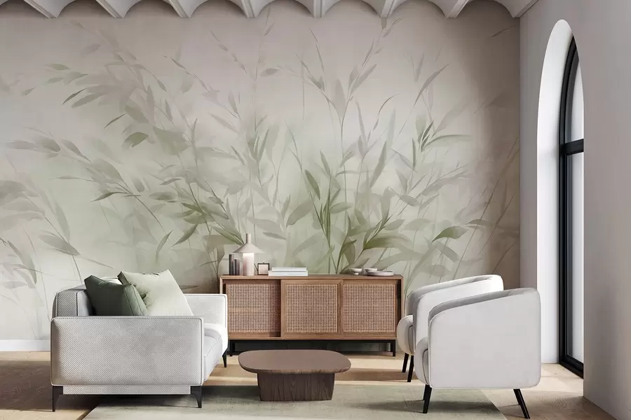 Fotobehang Gras en onkruid met dunne blaadjes en stengels, lichtgroene en bruine kleuren, zachte en fijne penseelstreken, minimalistische print w09342