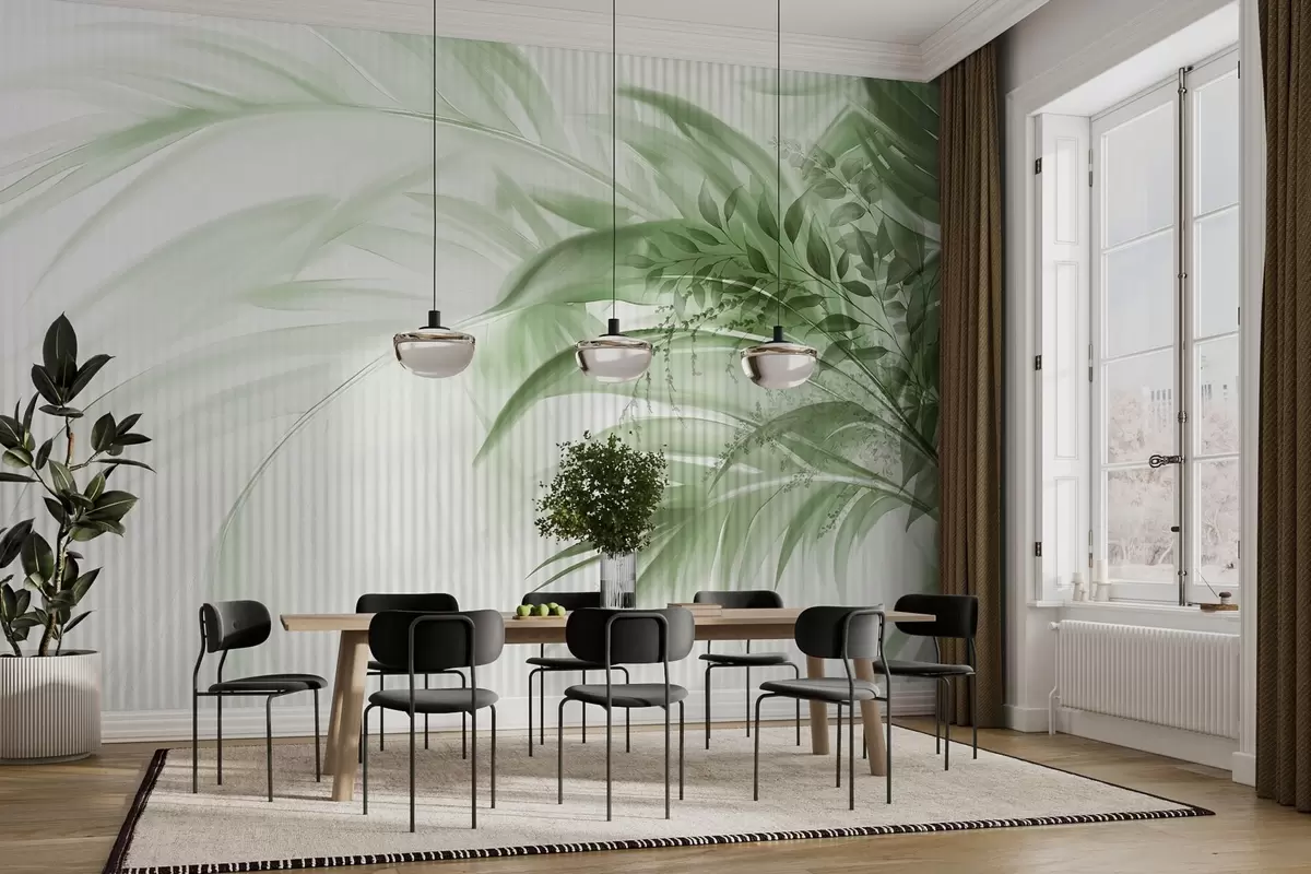 Fotobehang Tropische palmbladeren met een wit gestreepte achtergrond, zachte verlichting, fijne penseelstreken, organische vormen w09343