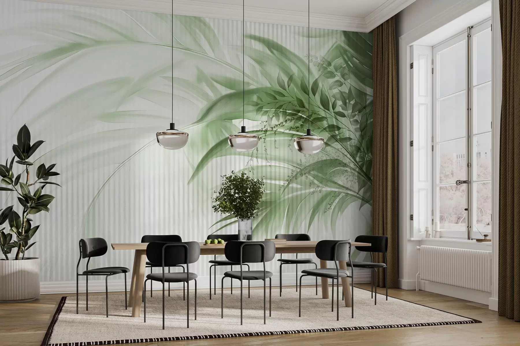 Fotobehang Tropische palmbladeren met een wit gestreepte achtergrond, zachte verlichting, fijne penseelstreken, organische vormen w09343