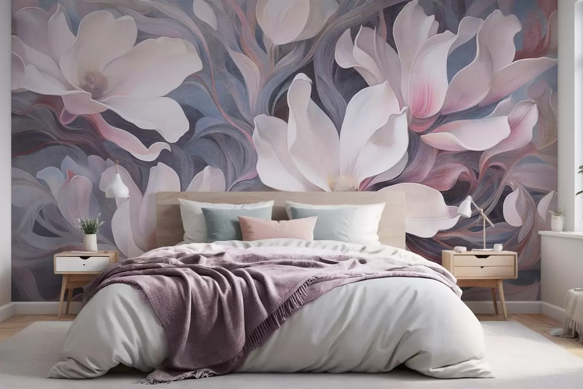 Fotobehang Textuurschilderij van witte magnoliabloemen met roze accenten tegen een achtergrond van wervelende, gedempte blauwe en grijze tinten w09344
