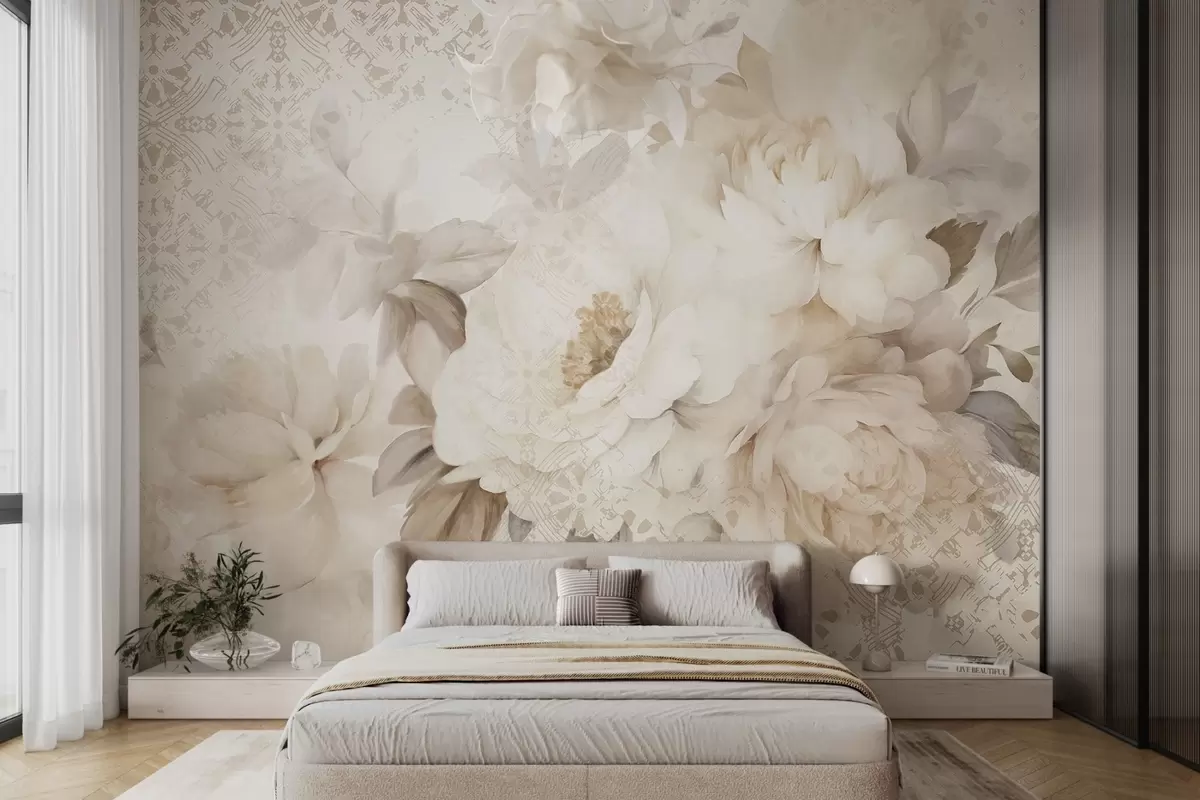 Fotobehang Een bloemstuk van witte pioenrozen met beige bladeren, tegen een decoratieve achtergrond met een vintage textuur w09345