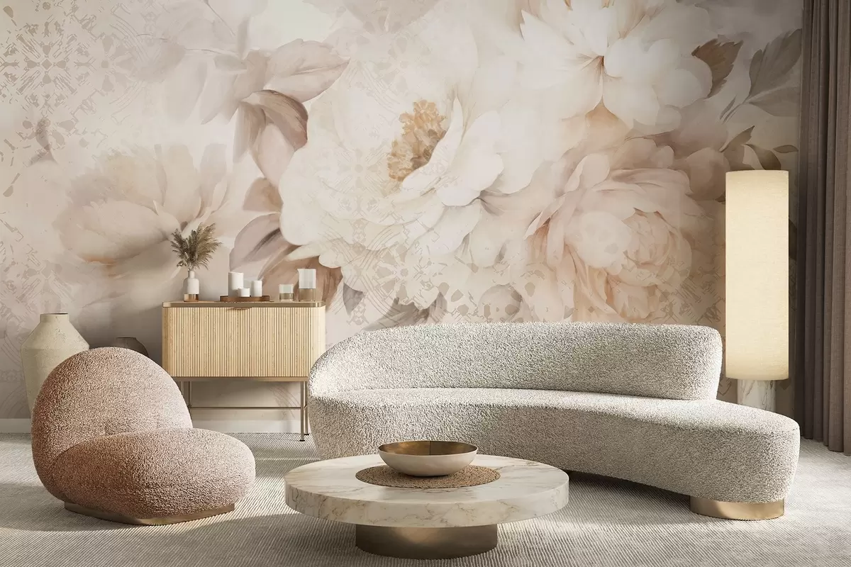 Fotobehang Een bloemstuk van witte pioenrozen met beige bladeren, tegen een decoratieve achtergrond met een vintage textuur w09345