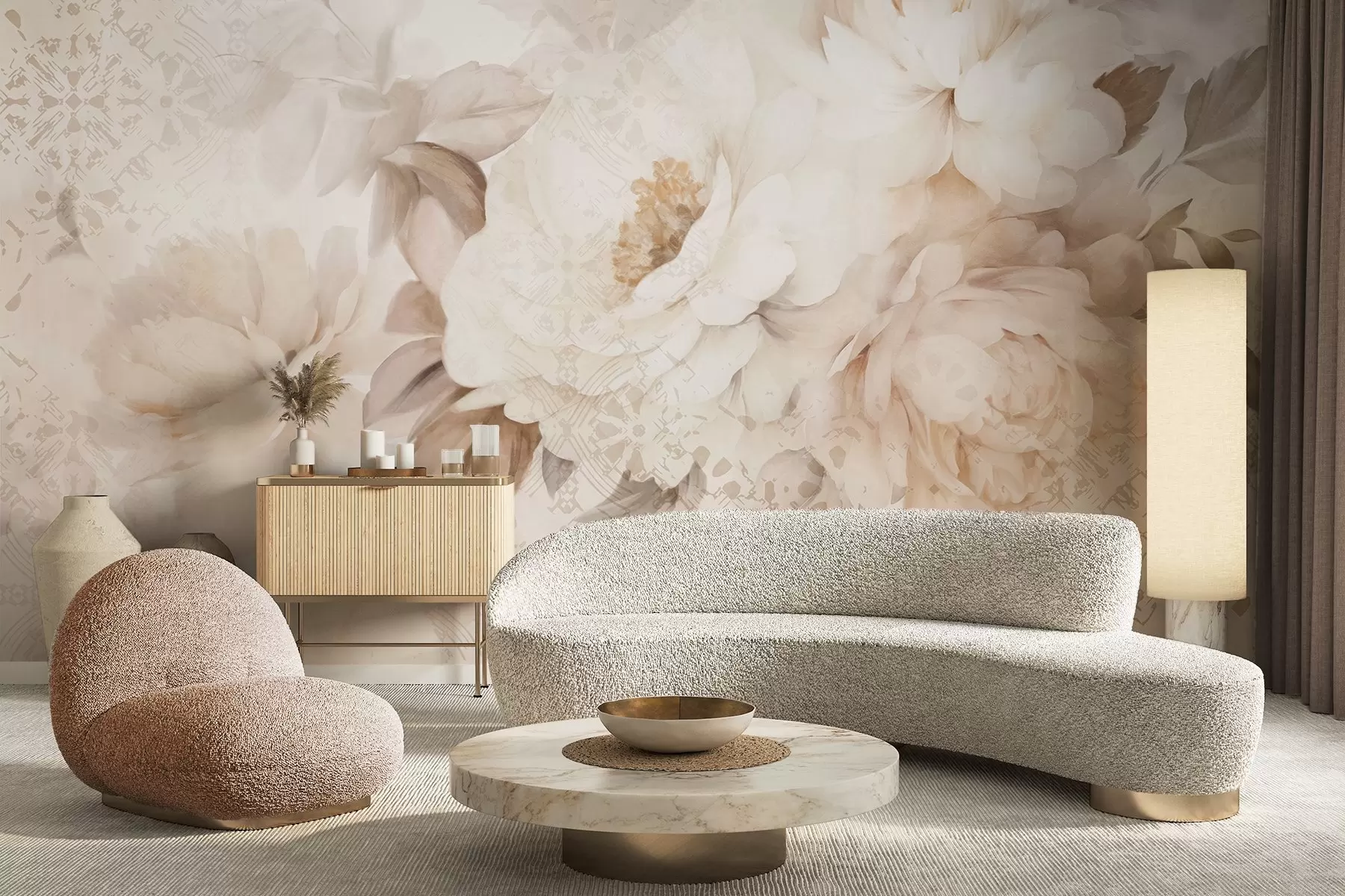 Fotobehang Een bloemstuk van witte pioenrozen met beige bladeren, tegen een decoratieve achtergrond met een vintage textuur w09345