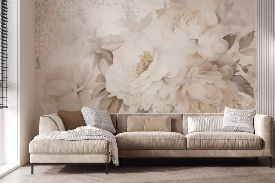 Fotobehang Een bloemstuk van witte pioenrozen met beige bladeren, tegen een decoratieve achtergrond met een vintage textuur w09345