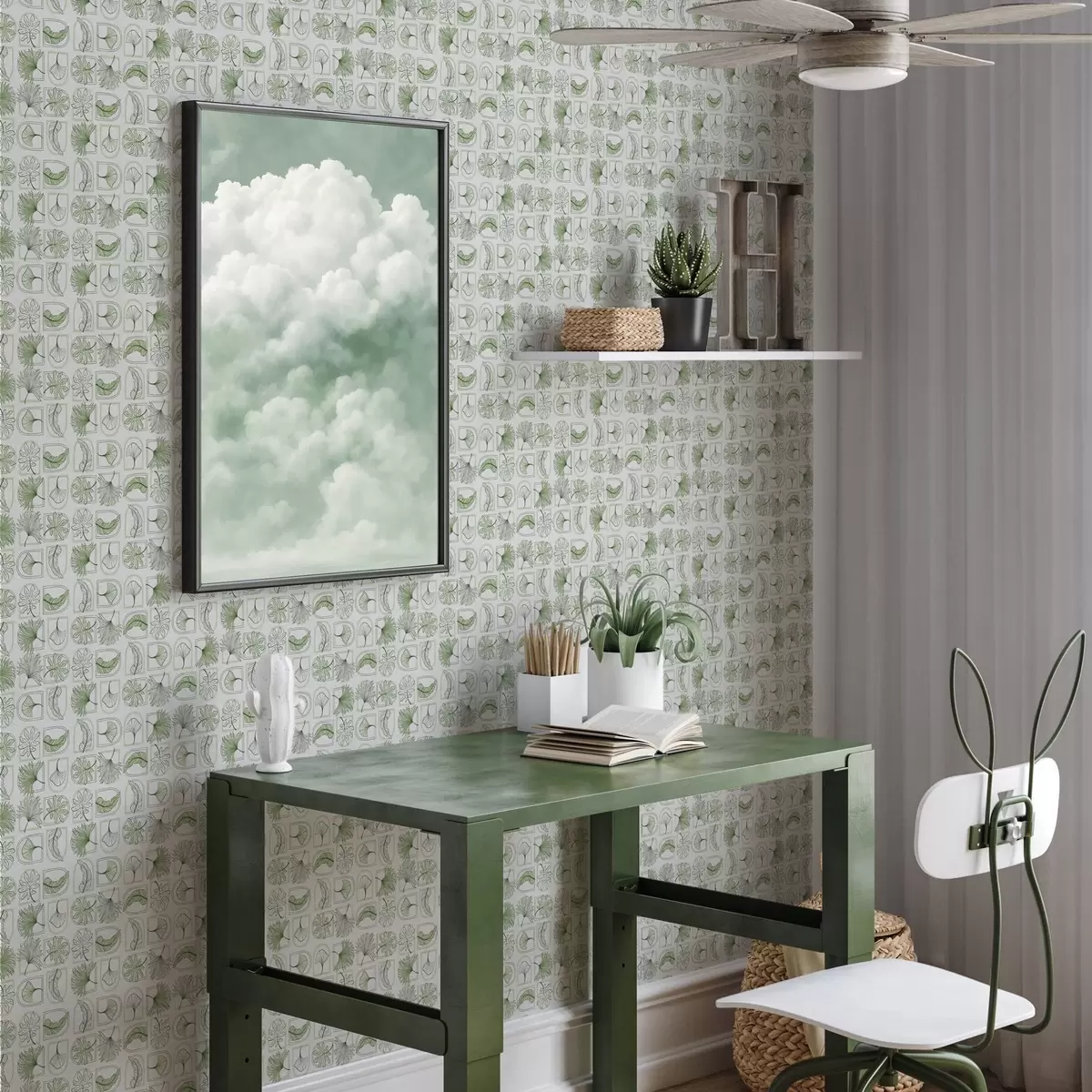 Behang Grafisch patroon met groene bladeren in vierkanten a00287