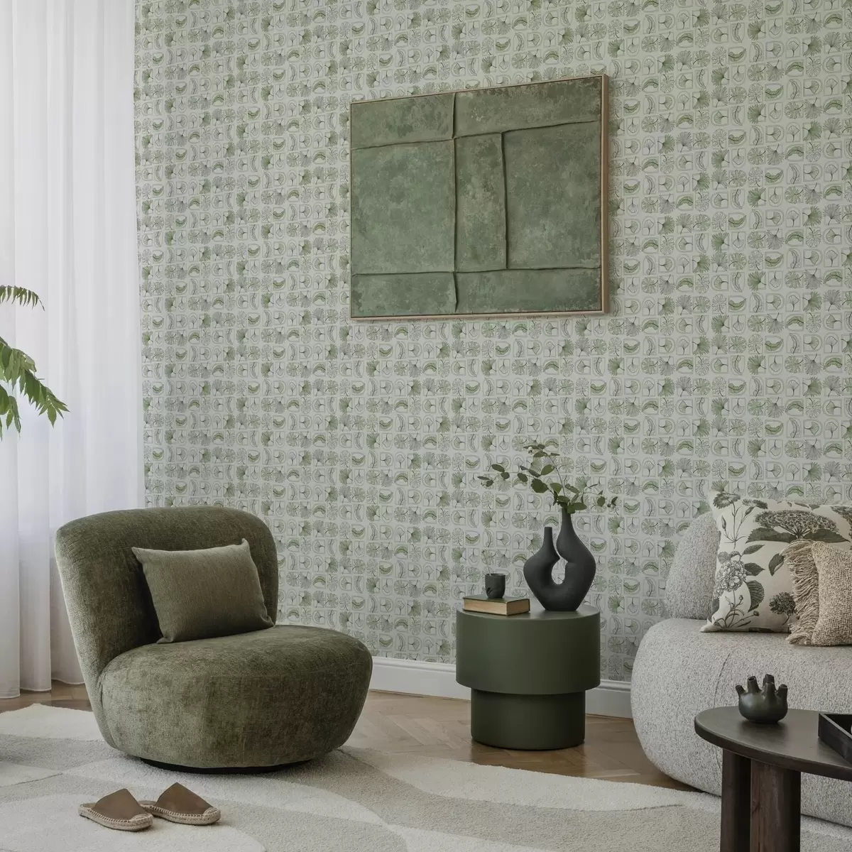 Behang Grafisch patroon met groene bladeren in vierkanten a00287