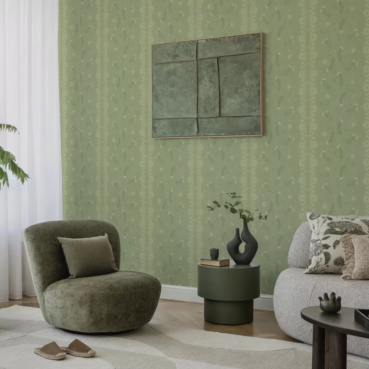 Behang Groene achtergrond met madeliefjes en kanten rand a00291