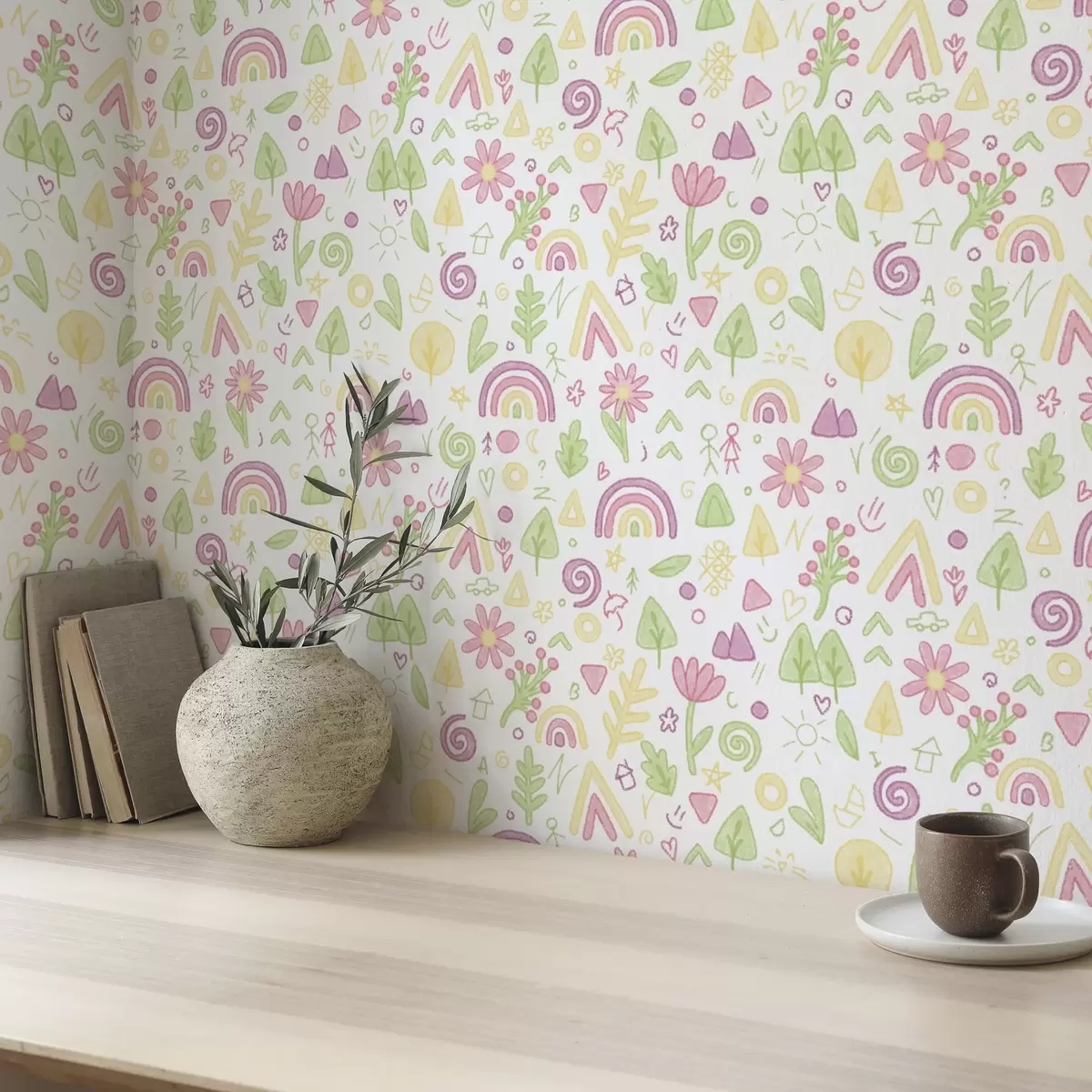 Behang Kindertekening met regenbogen, bloemen en bomen a00296