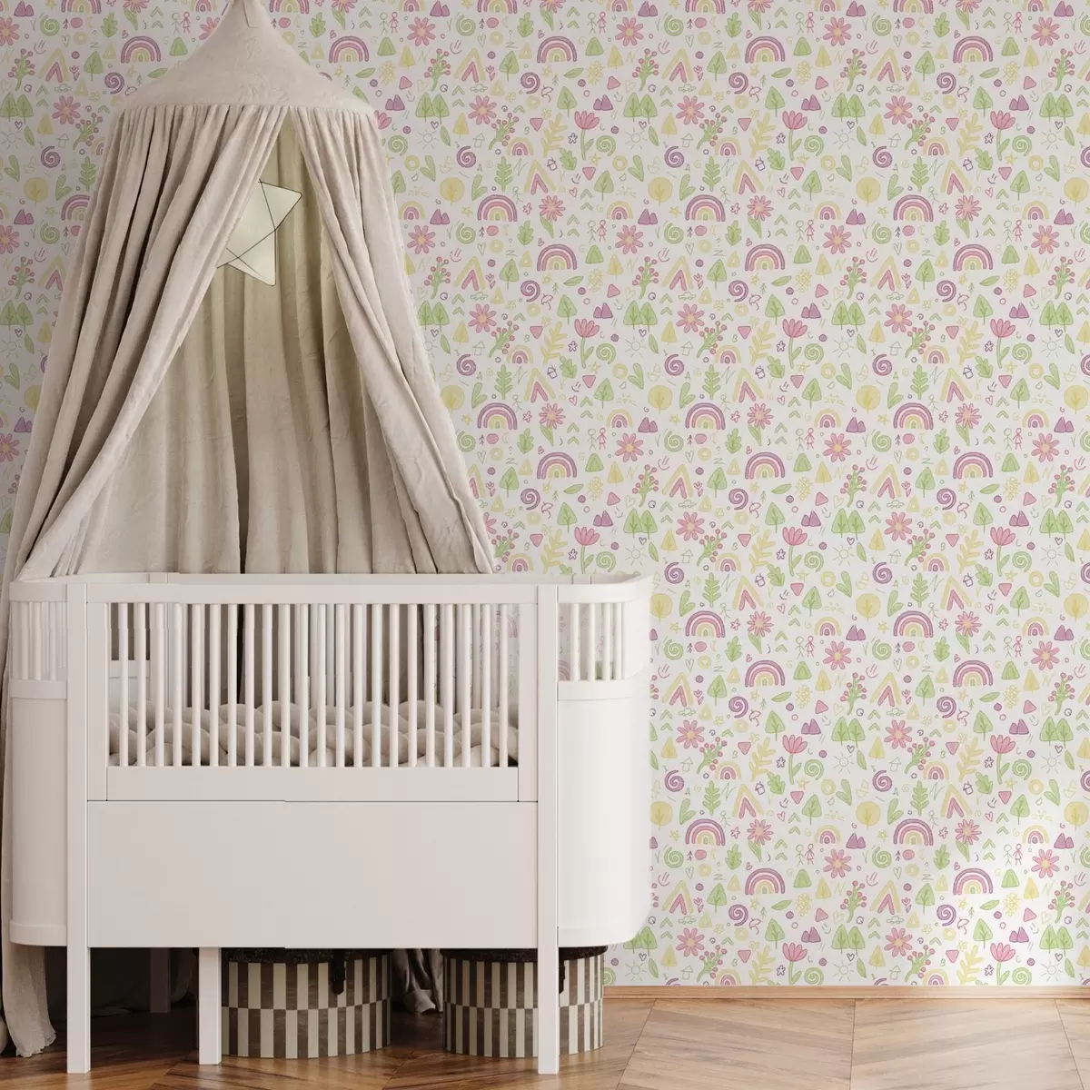 Behang Kindertekening met regenbogen, bloemen en bomen a00296
