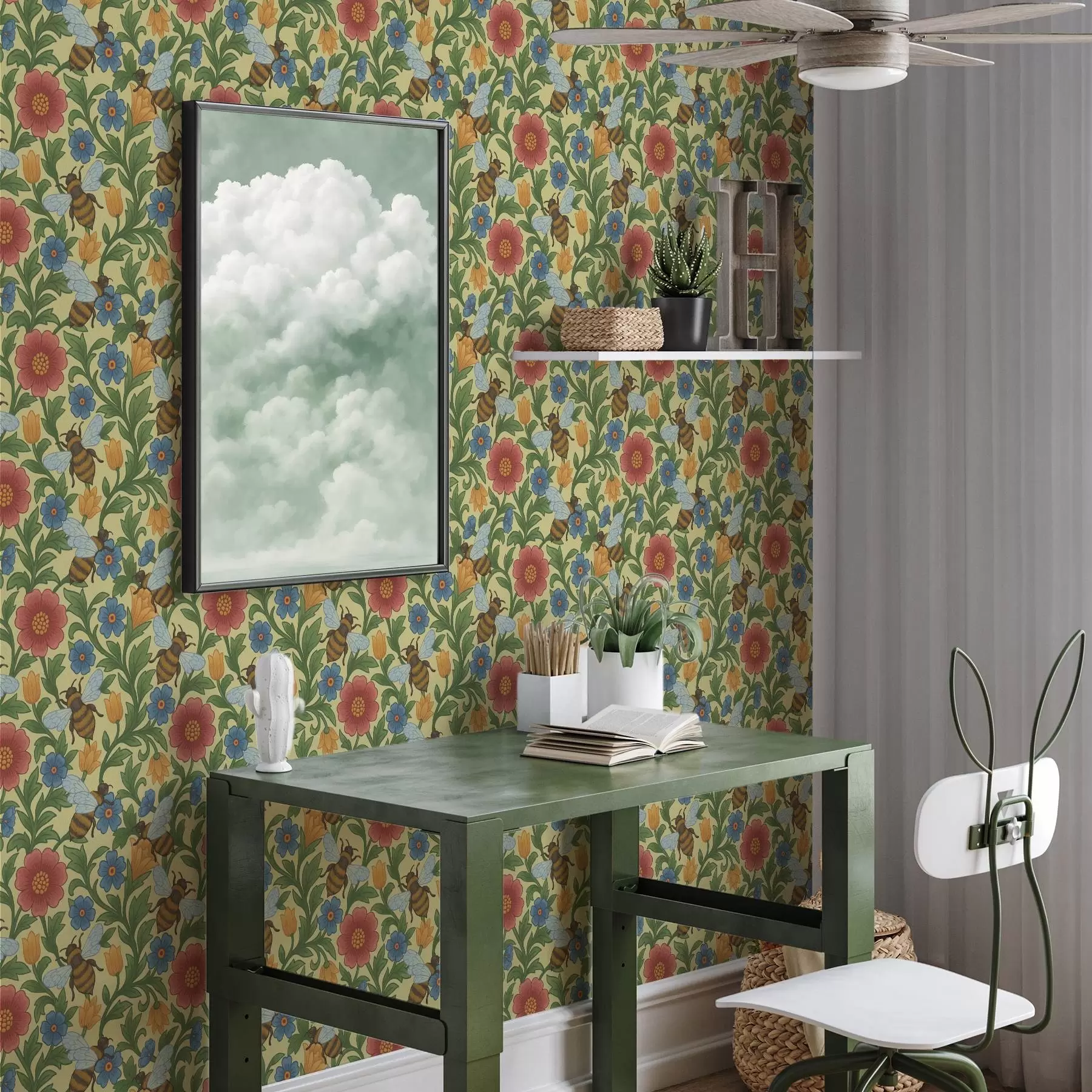 Fotobehang Heldere bloemen met grote bijen a00315