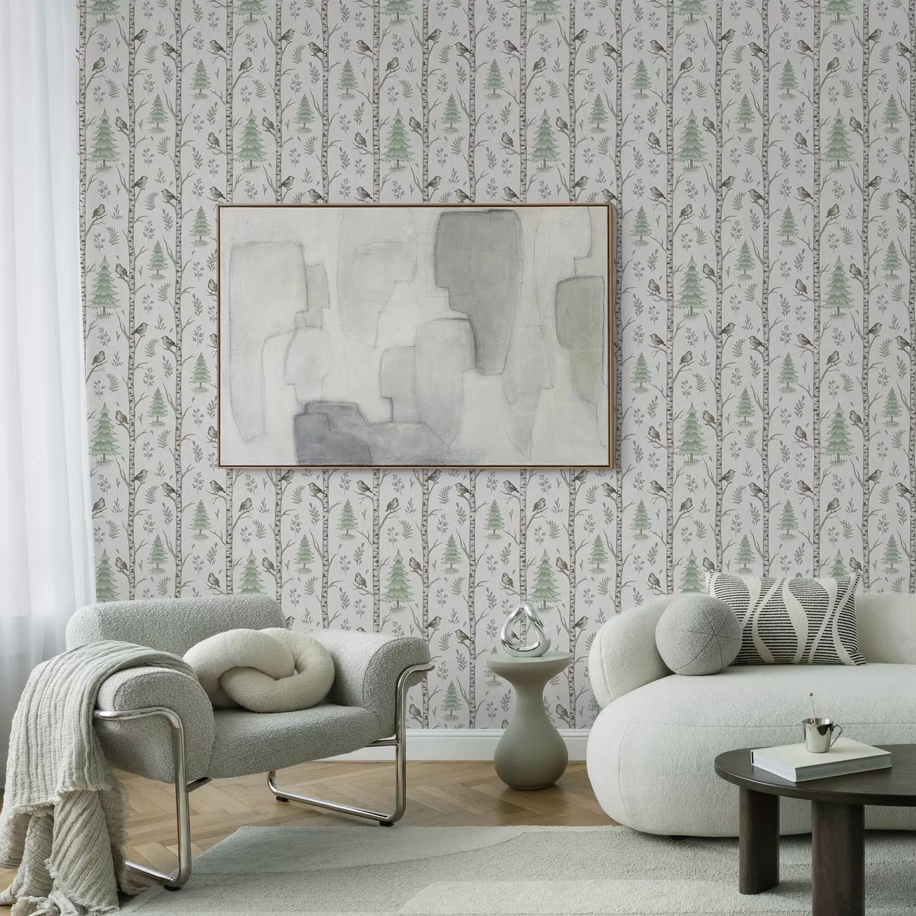 Fotobehang Berken met vogels in een lichtgroen bos a00316