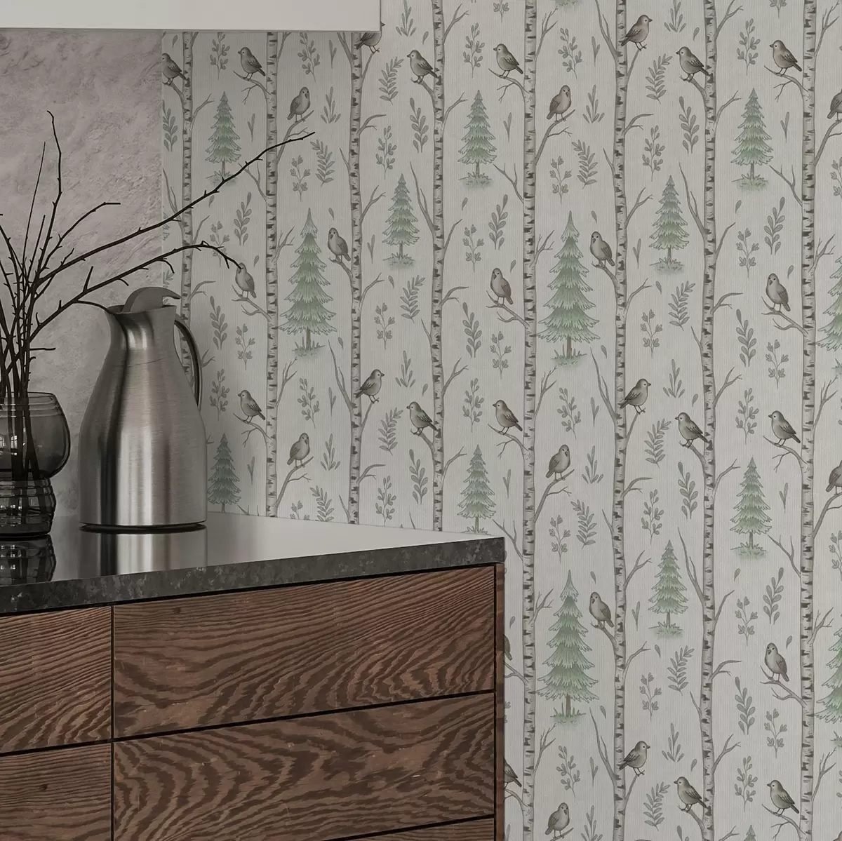 Behang Berken met vogels in een lichtgroen bos a00316