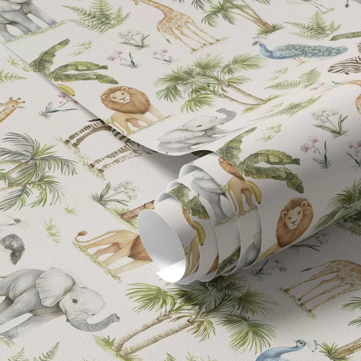 Behang Afrikaanse dieren tussen palmen en exotische planten a00321