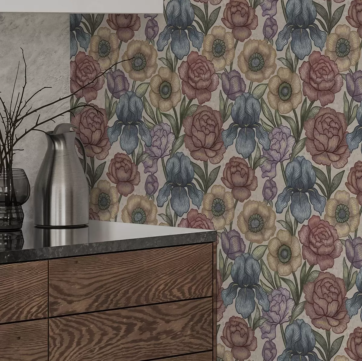 Behang Grote bloemenillustraties met irissen en pioenen a00325