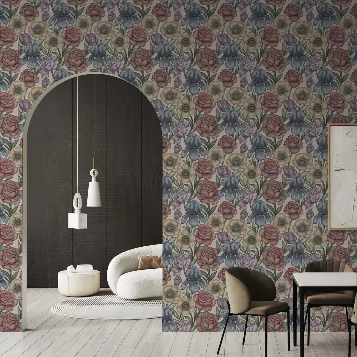 Behang Grote bloemenillustraties met irissen en pioenen a00325