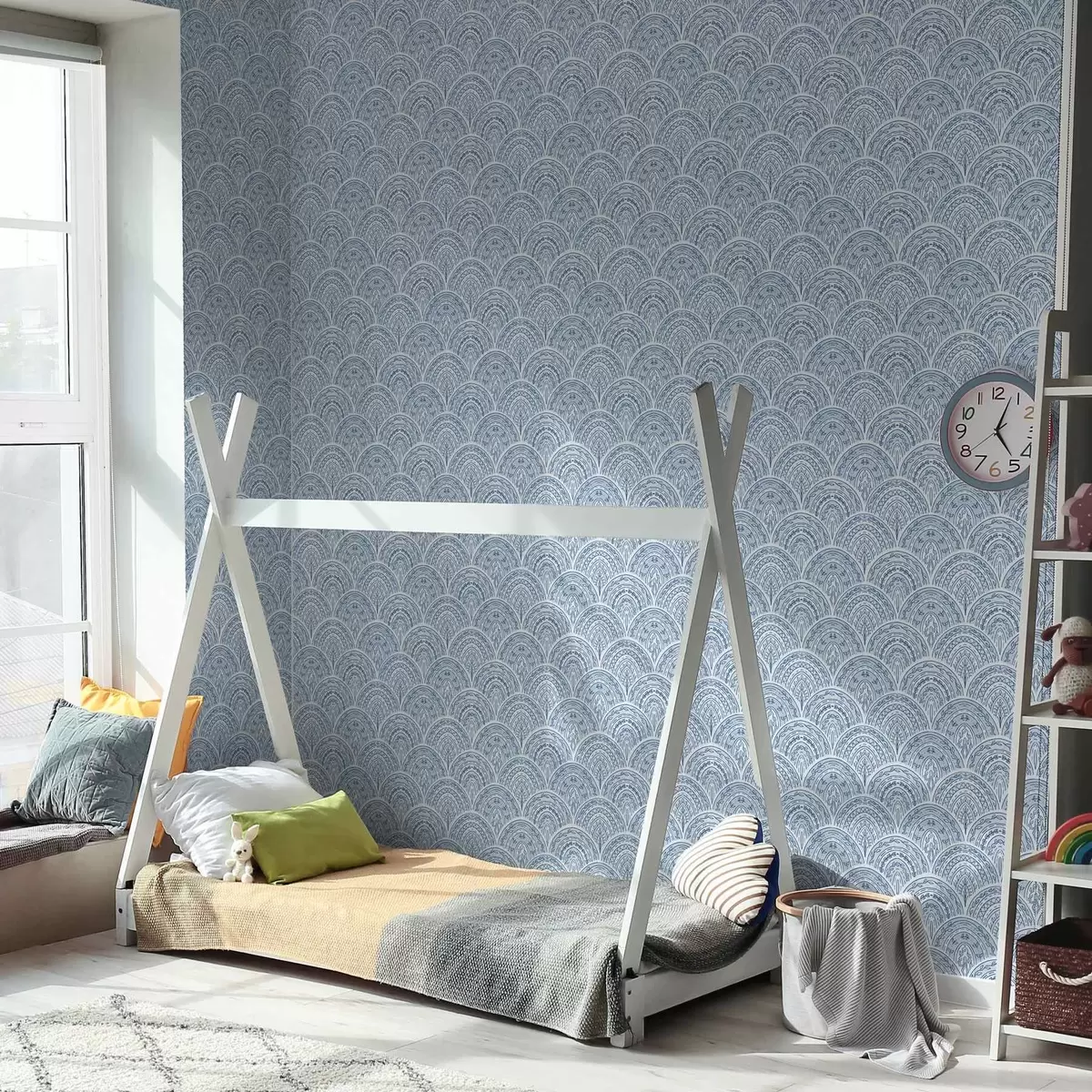 Behang Blauw ornament met bogen en patronen a00332