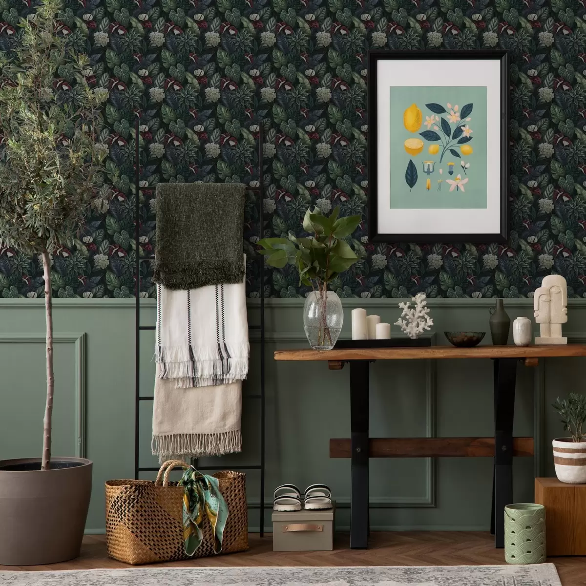 Behang Tropische bladeren met witte en rode bloemen a00361