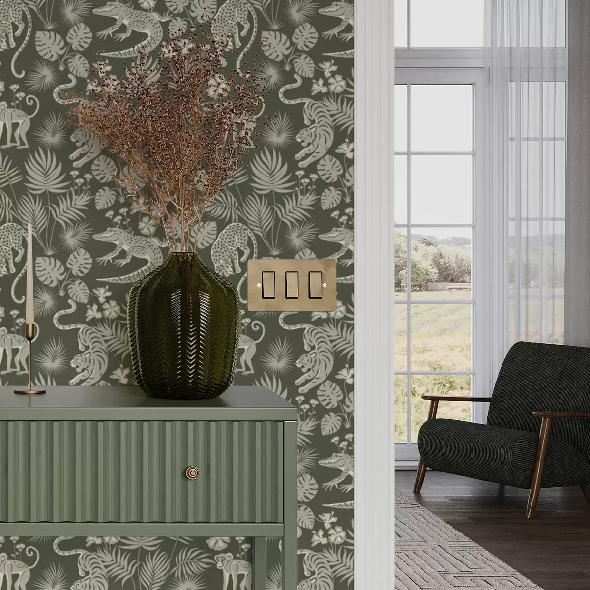 Behang Silhouetten van wilde dieren tussen tropische bladeren a00404