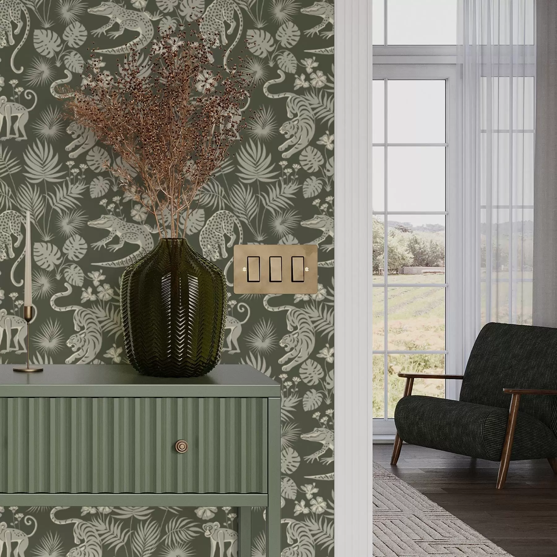 Fotobehang Silhouetten van wilde dieren tussen tropische bladeren a00404