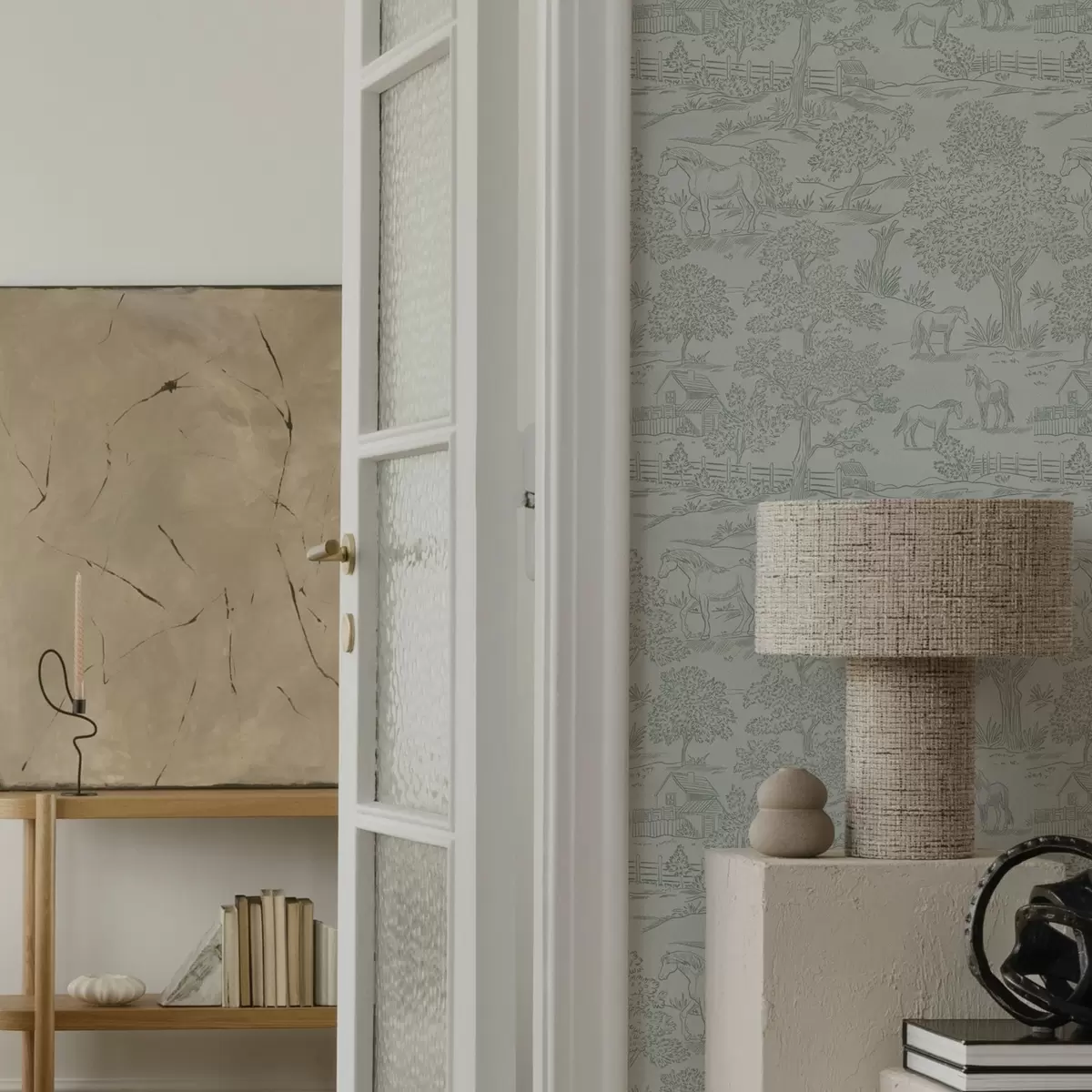 Behang Groen monochroom landschap met paarden en huisjes a00407