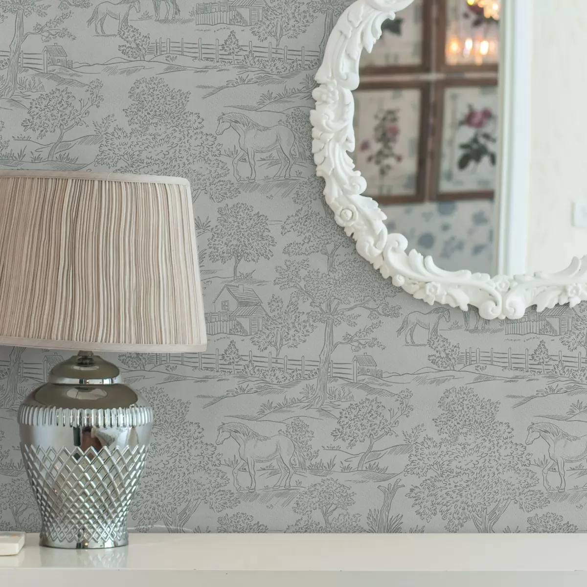 Behang Groen monochroom landschap met paarden en huisjes a00407