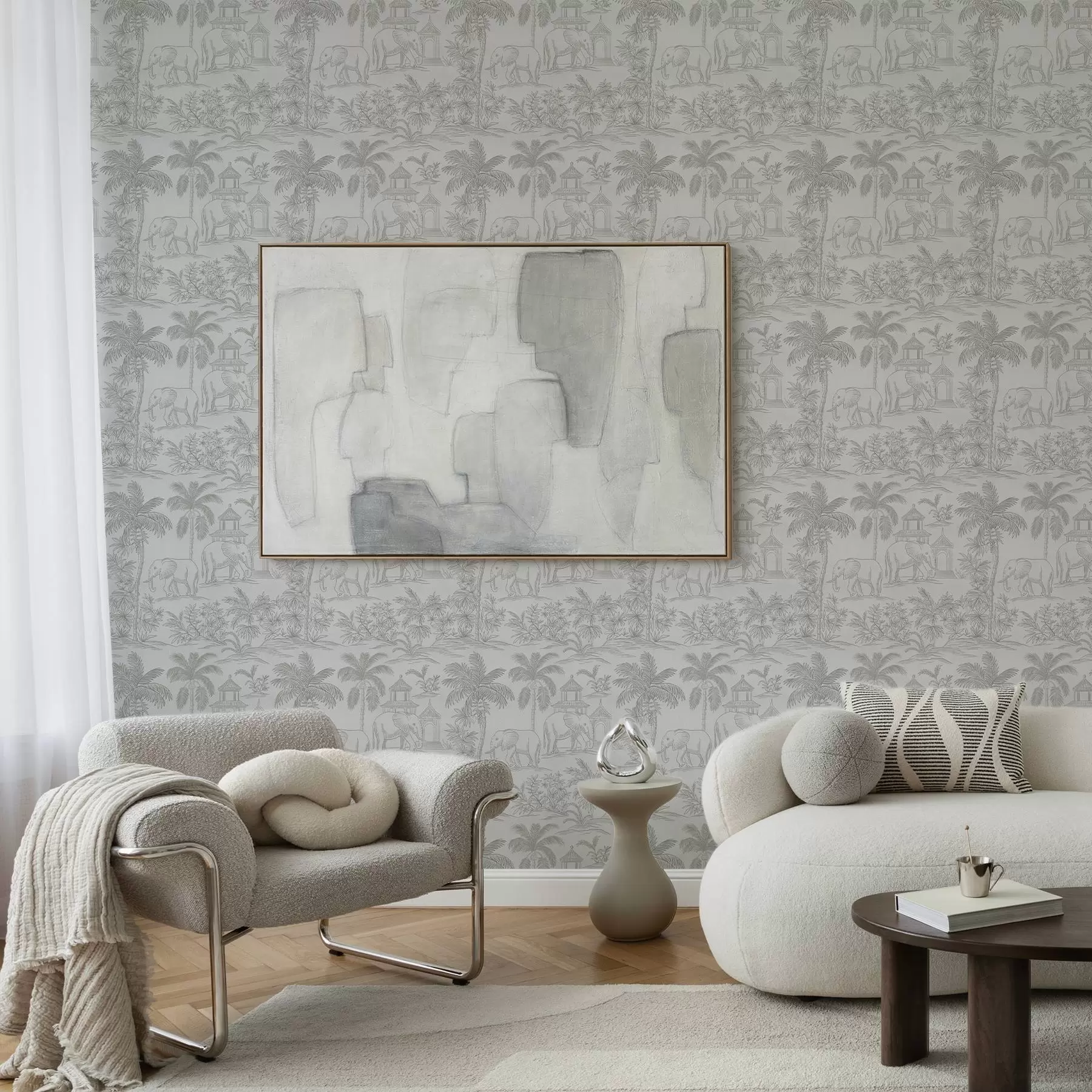 Fotobehang Monochrome olifanten en jungle in grafische stijl a00410