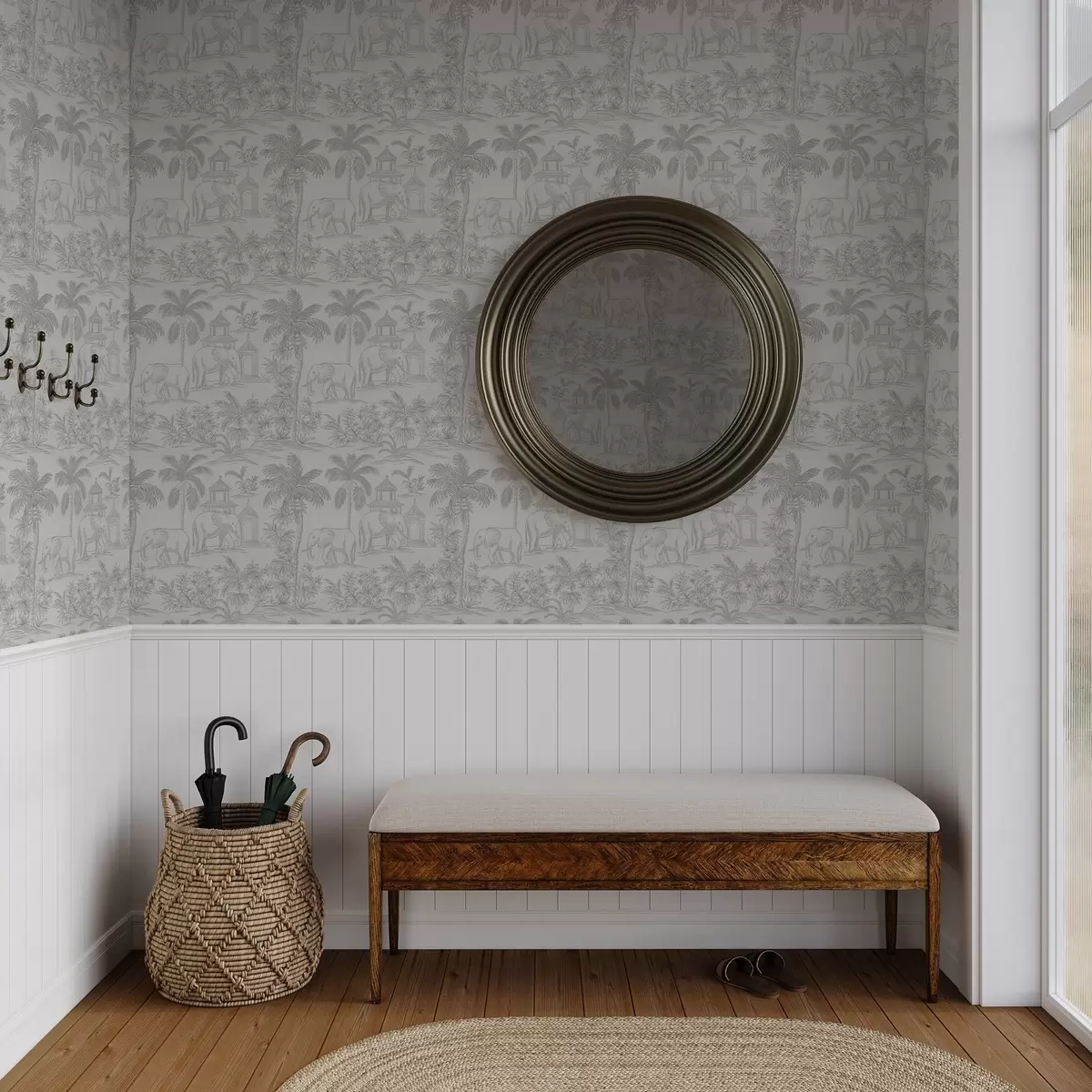 Behang Monochrome olifanten en jungle in grafische stijl a00410