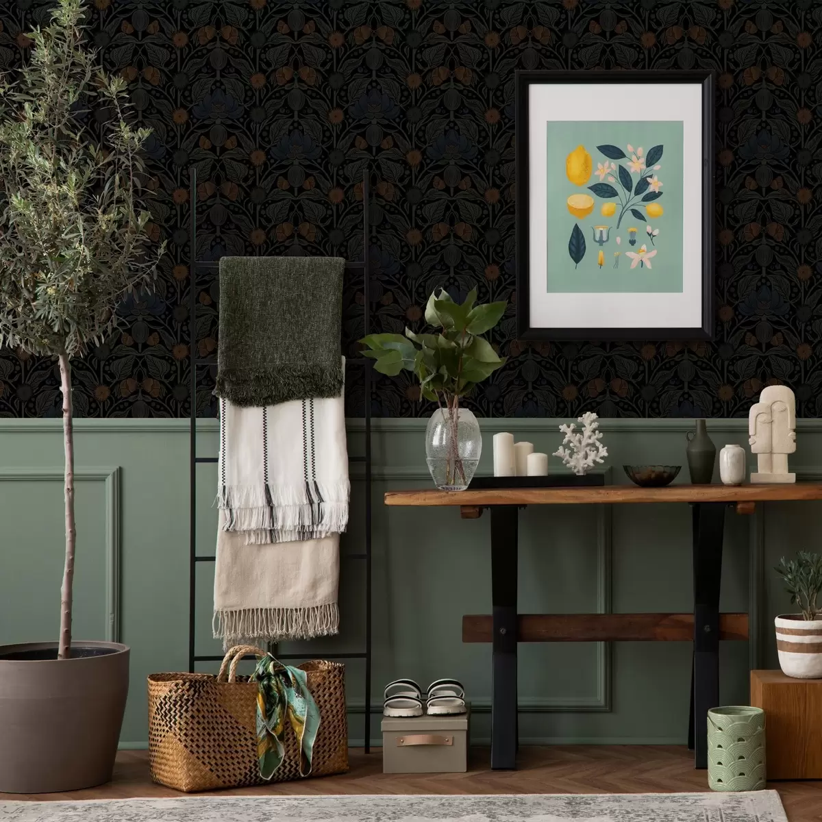 Behang Donker bloemenornament met oranje accenten a00411