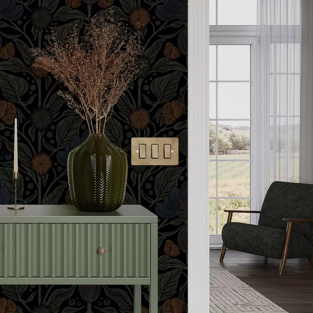 Behang Donker bloemenornament met oranje accenten a00411