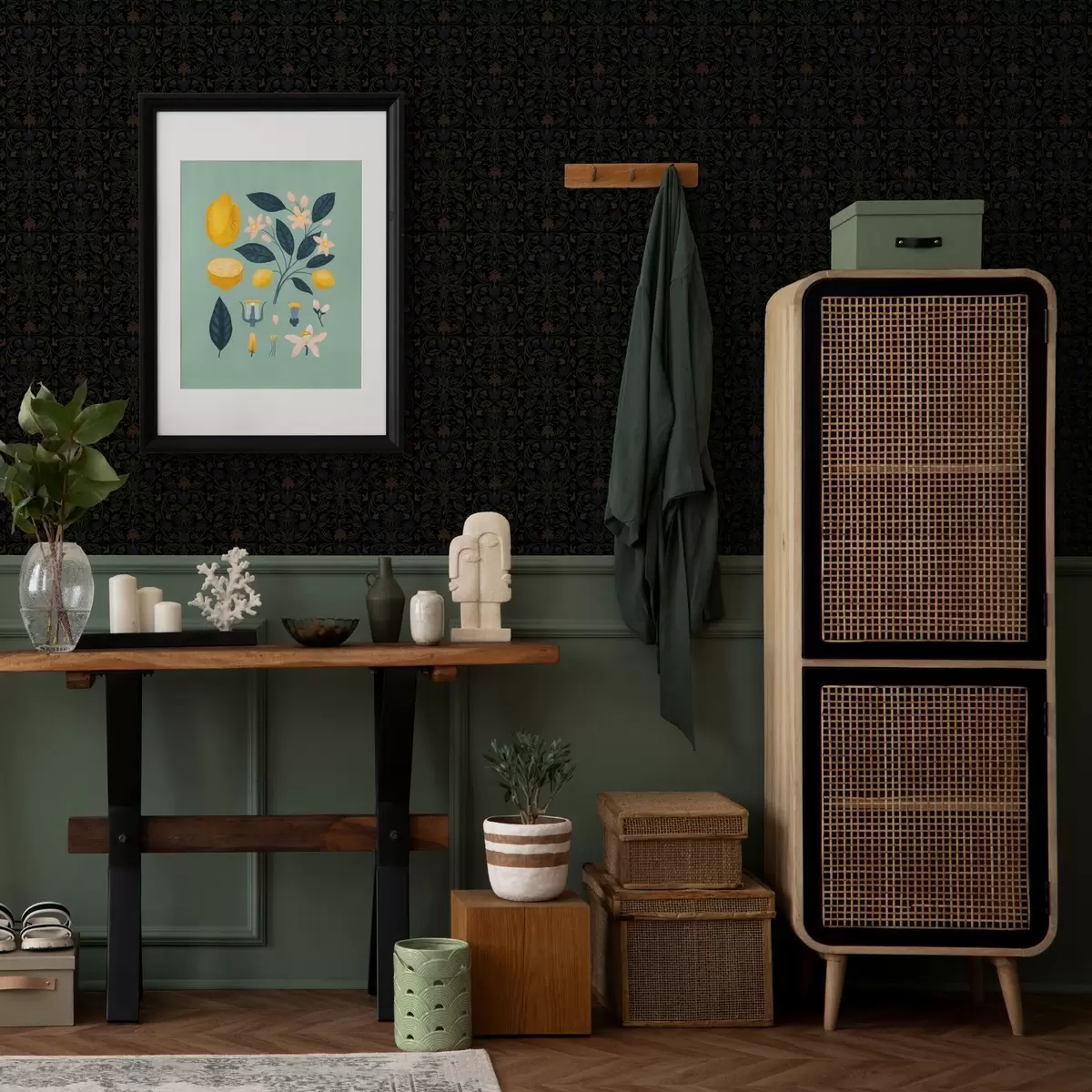Behang Donker ornament met planten in klassieke stijl a00412