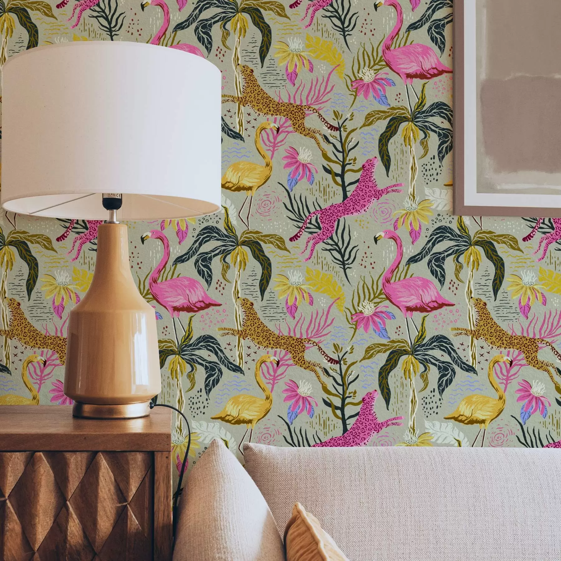 Fotobehang Felle flamingo's en luipaarden tussen tropische planten a00470