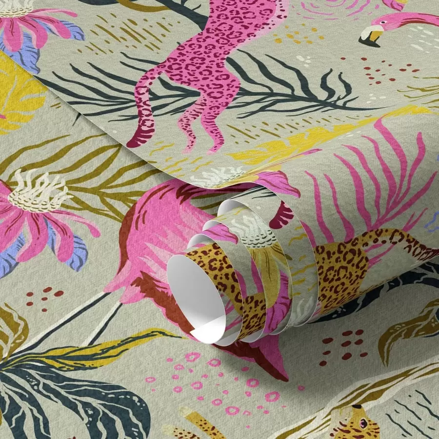 Fotobehang Felle flamingo's en luipaarden tussen tropische planten a00470