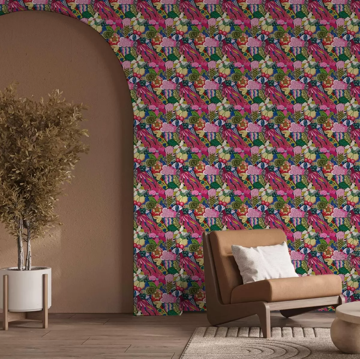 Behang Abstracte pop-art met bloemen, bessen en patronen a00471