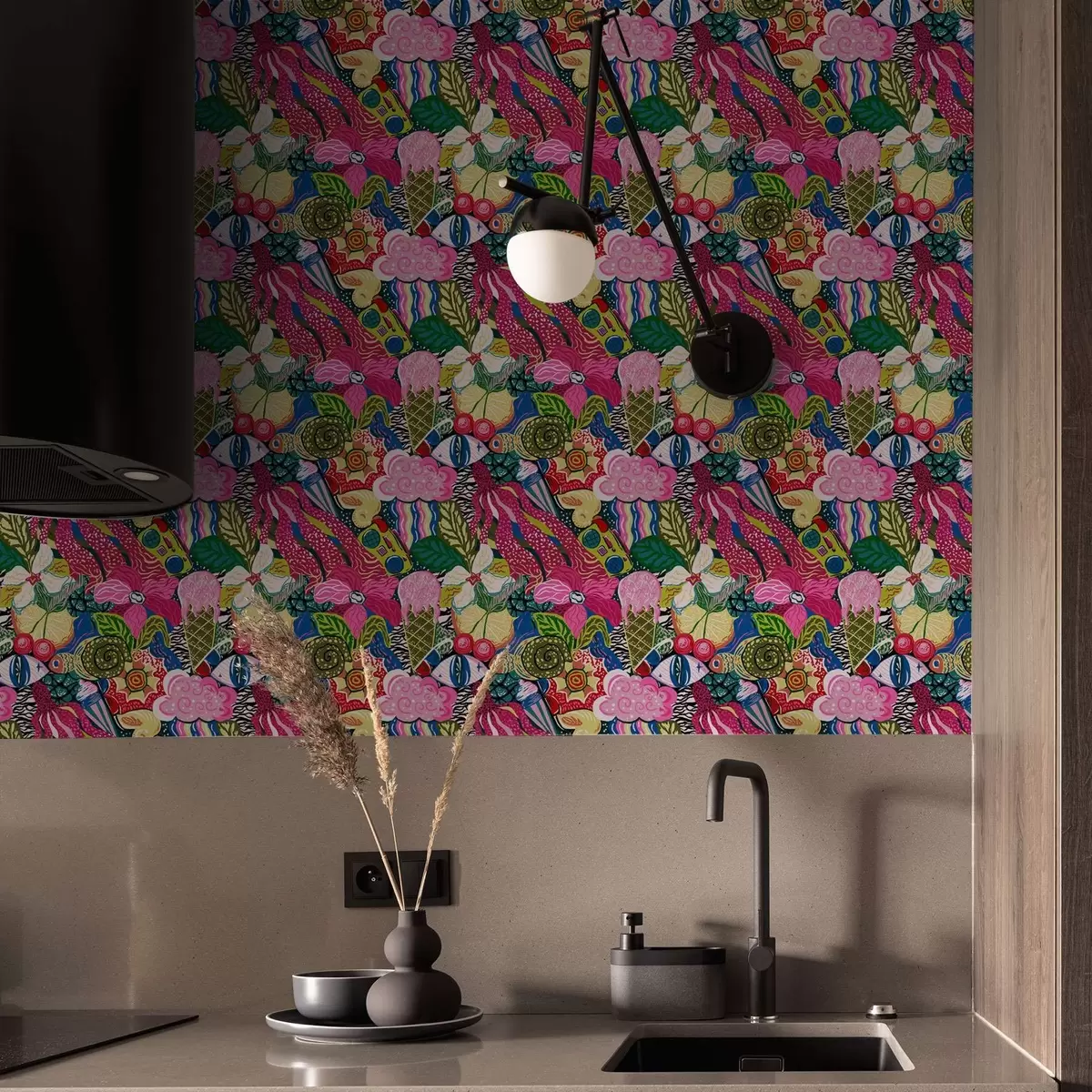 Behang Abstracte pop-art met bloemen, bessen en patronen a00471