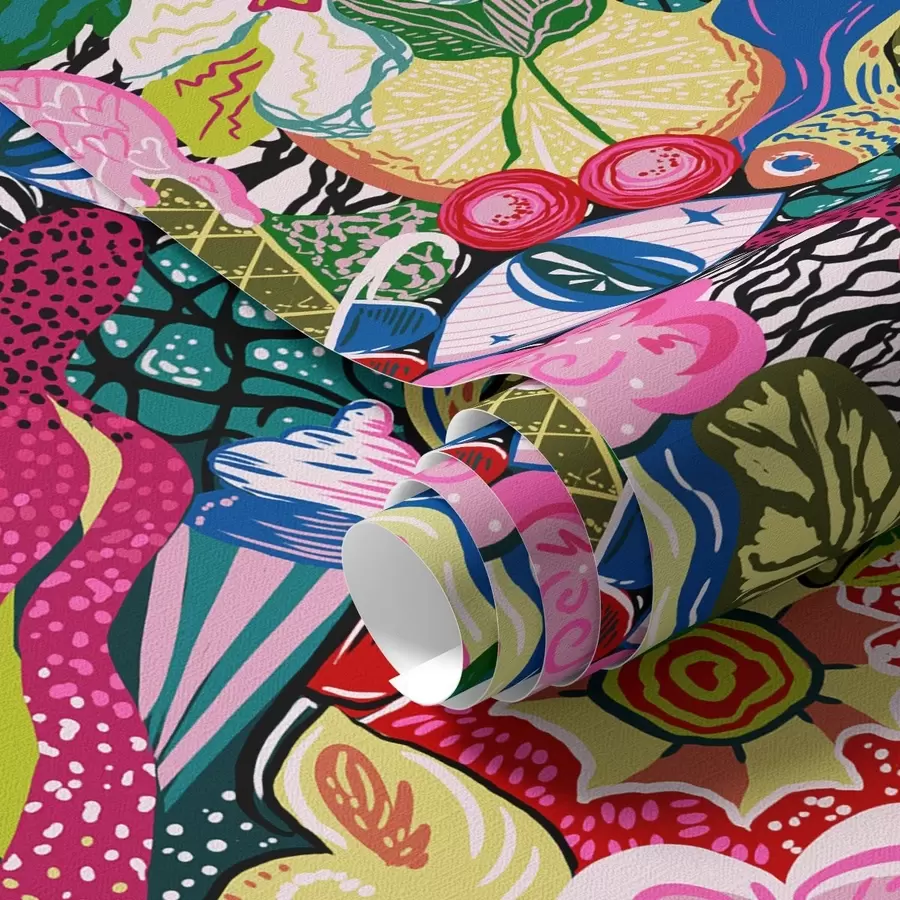 Fotobehang Abstracte pop-art met bloemen, bessen en patronen a00471