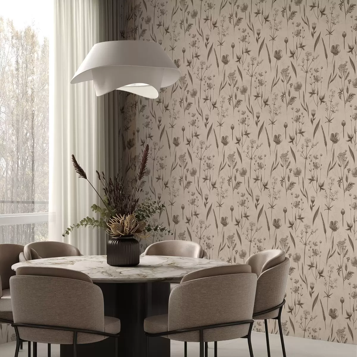 Behang Gele bloemen en groen in grijsbruine tinten a00472v1