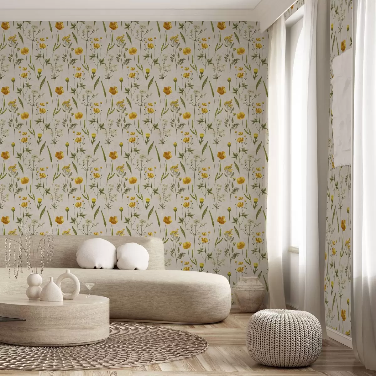 Behang Gele bloemen en groen op een beige achtergrond a00472v2