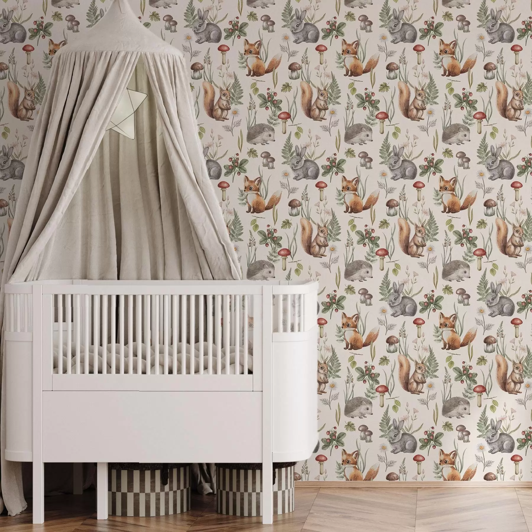 Fotobehang Bosdieren, paddenstoelen en planten in een sprookjesachtige stijl a00477